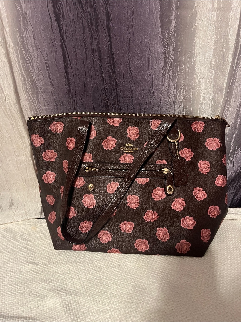 Coach Brown Tote with Pink Rose Print and Gold Hardware